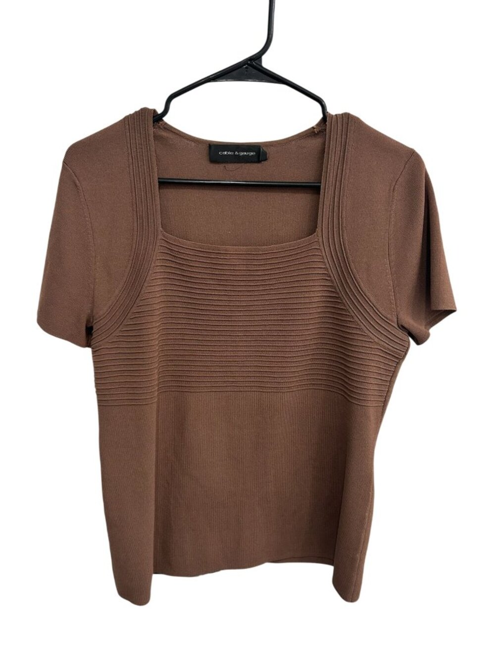 Cable & Gauge Medium Brown Ribbed Square Neck Top Soft Knit Retro Minimalist